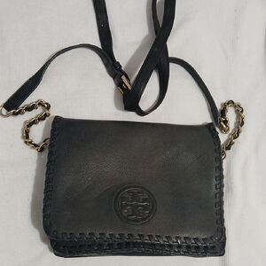 Black Leather Crossbody Bag with Woven Trim Tory Burch